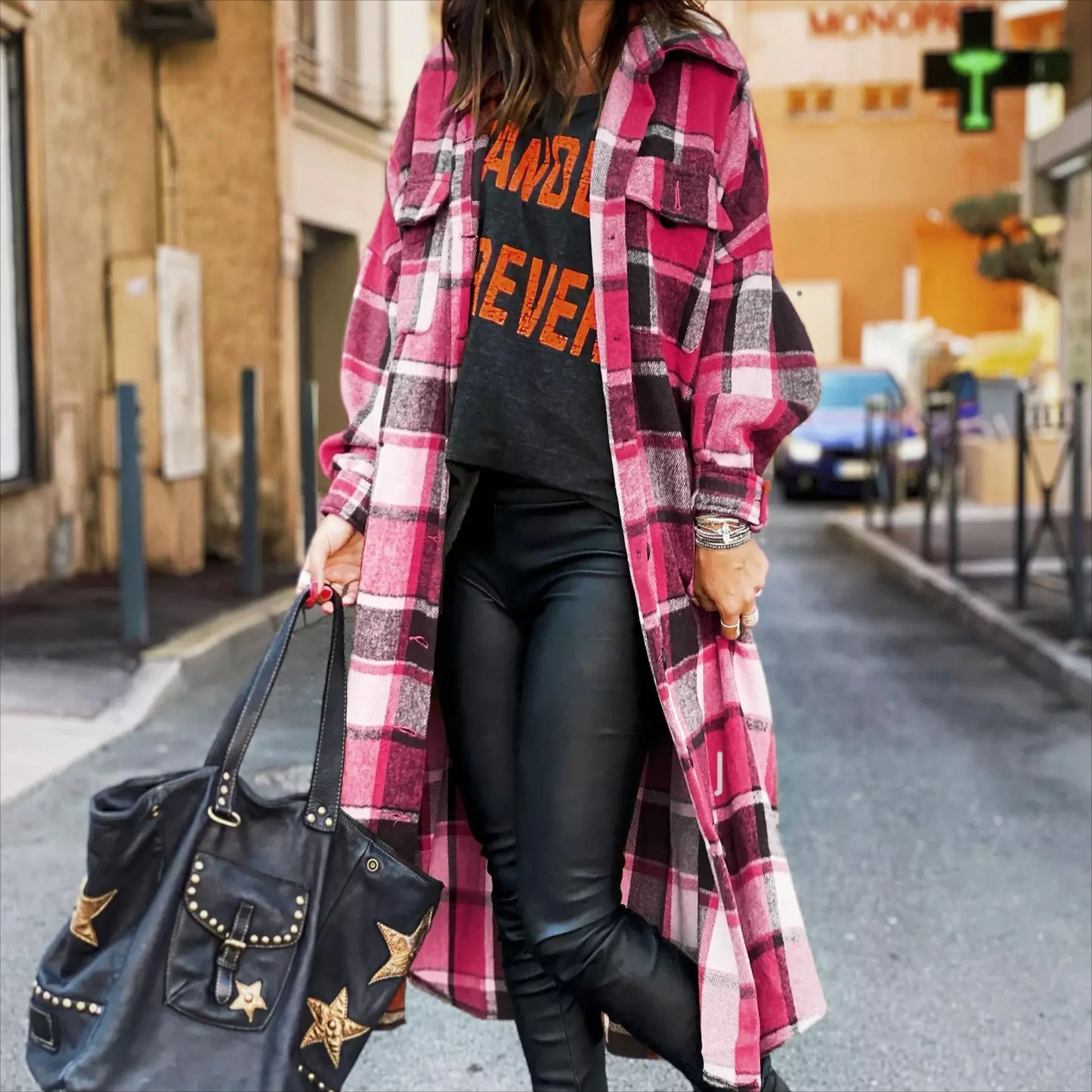 Women Coat Plaid Print Long Maxi Button Coats Long Sleeve Shacket Autumn Turn Down Collar Single Jacket Breasted Spring Jackets