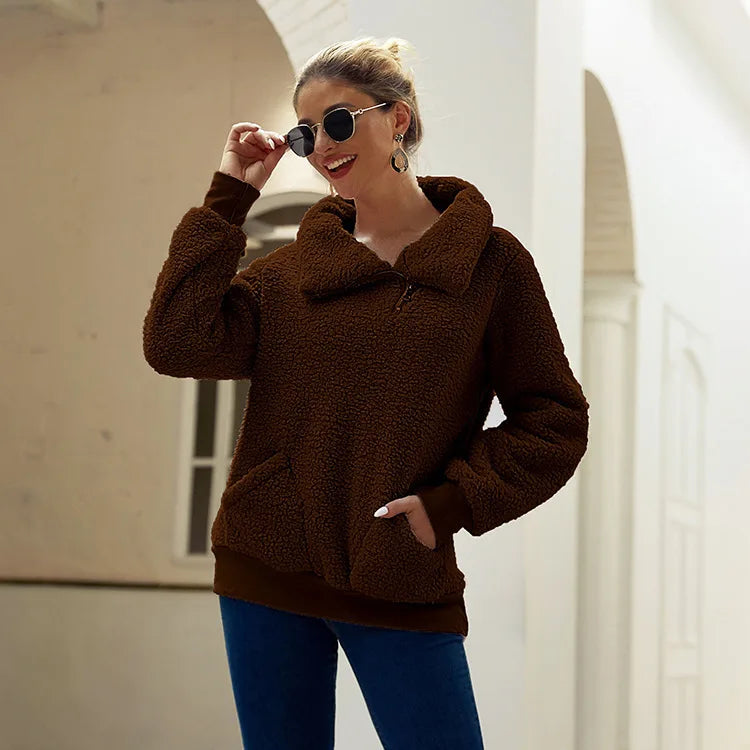 Autumn and winter lamb wool asymmetrical collar pullover solid color thick hoodie sweater top for women