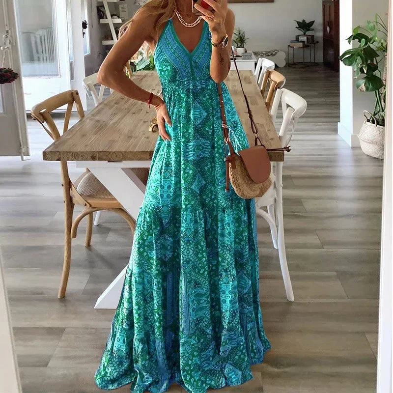 Bohemian Dress Women's Long Sexy Printed Sleeveless A-line Slip Dresses Female 2024 Spring Elegant Fashion Beach Ladies Clothes