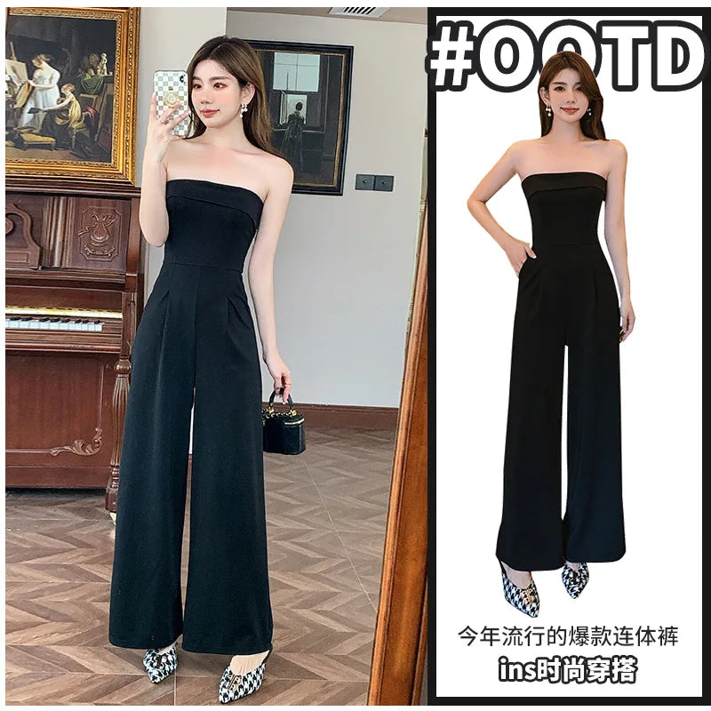 Casual Wide Leg Jumpsuit Long Pants Black 2023 New Female Evening Party Loose Elegant Sleeveless Jumpsuits