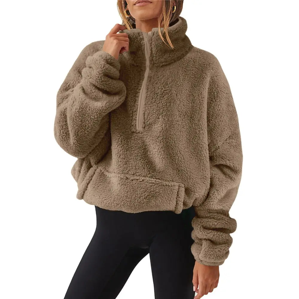 Women Sherpa Turtleneck Sweater Teddy Fleece Pullover 1/3 Zipper Fluffy Tops Winter Ladies Streetwear Jumper