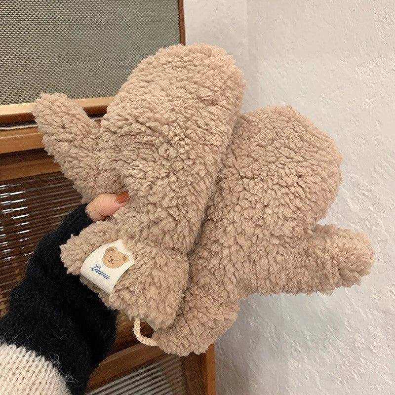 Kawaii Plush Warm Gloves Soft Winter Thick Fingerless Korean Japanese Bear Gloves With Ropes Casual Outdoor Riding Mittens Warm