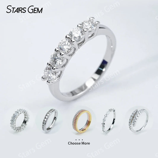 Starsgem S925 Sterling Silver Round Brilliant Cut Moissanite Five Stone Diamond Ring