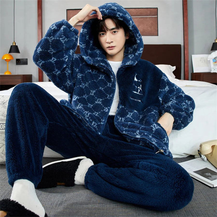 Men's Winter Pajamas Warm Sleepwear Home Suit Coral Fleece Autumn Plush Thicken Zipper Homewear Hooded Pajamas Sets Home Clothes