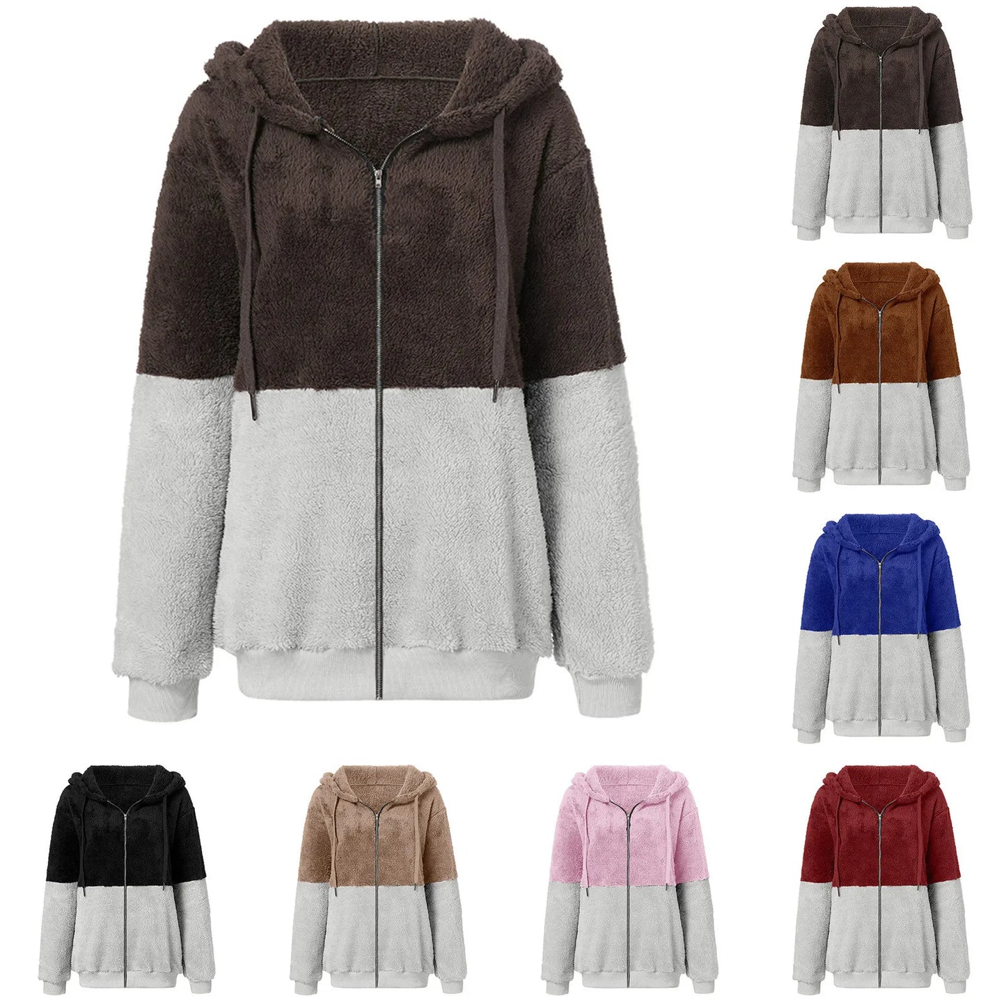 Women's Double Color Fleece Jacket Long Sleeved Hooded Plush Coat Winter Thick Warm Zipper Outcoat Fashion Streetwear