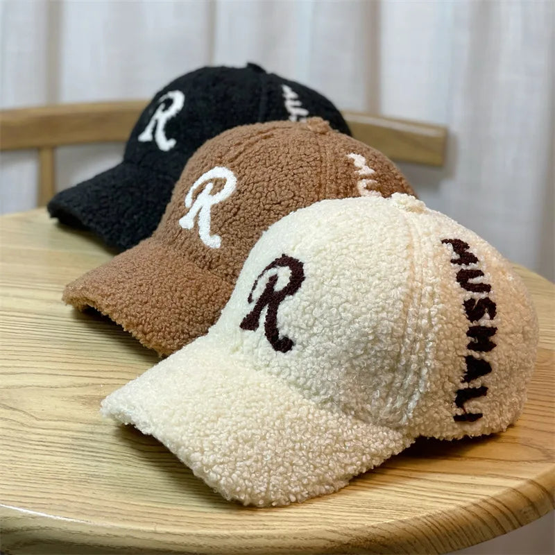 CNTANG Autumn Winter Caps Fashion New Embroidered Letter Imitation Lamb Velvet Baseball Hat Thickened Warm Street Wild Trend Cap