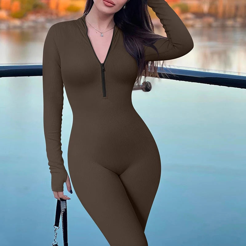 Women's Yoga Jumpsuit Workout Ribbed Long Sleeve Front Zip Athletic Solid Color Bodysuit Jumpsuit