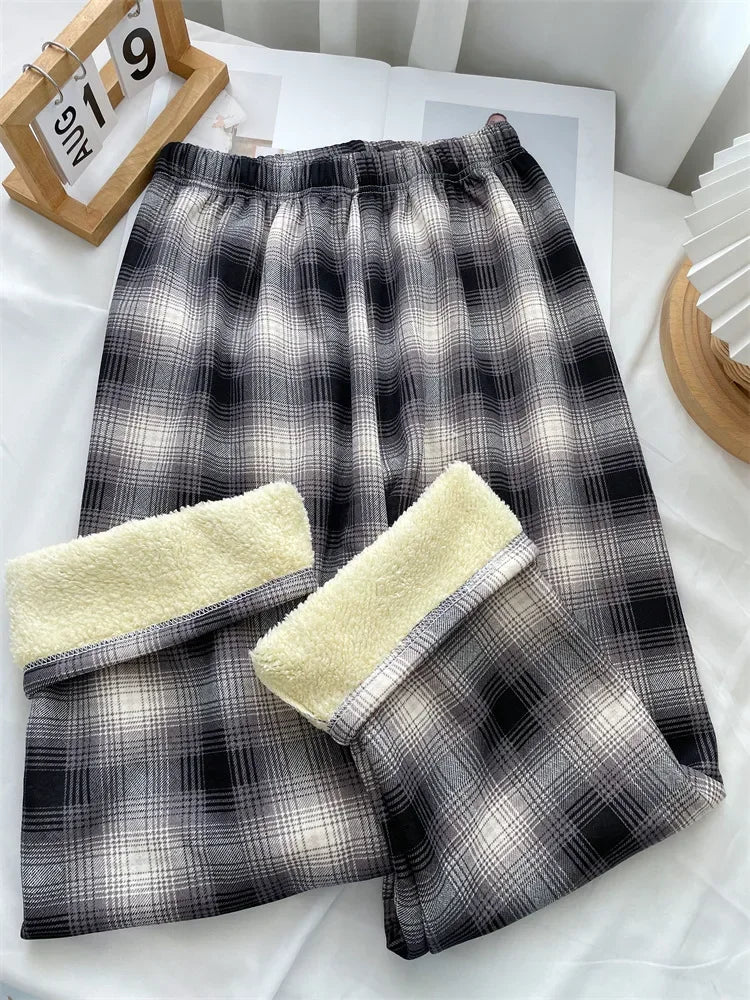 2025 Fashion Warm Plush Pants Cashmere Thick Plaid Ladies Winter Casual Loose Wide-legged Pants Korean Streetwear Students