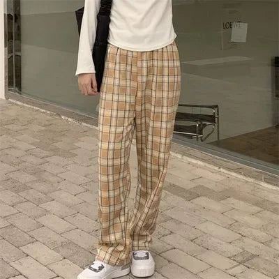 2025 Fashion Warm Plush Pants Cashmere Thick Plaid Ladies Winter Casual Loose Wide-legged Pants Korean Streetwear Students