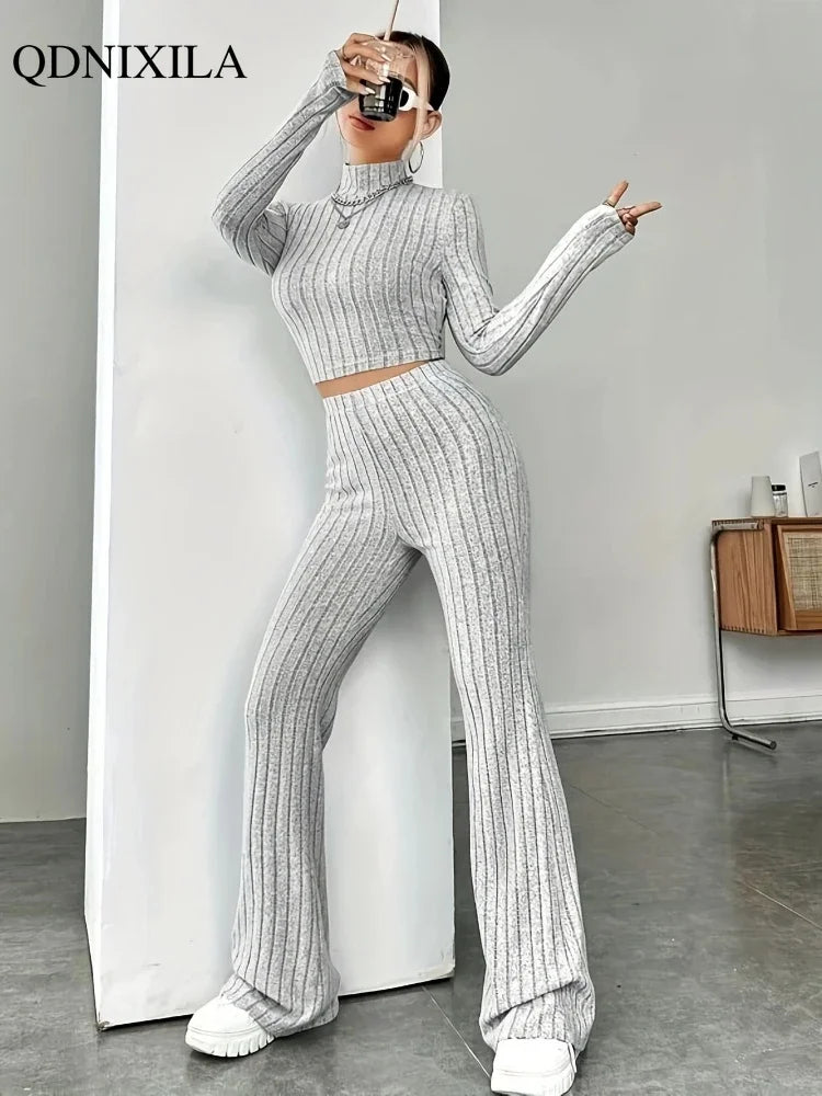 Elegant Women's Sets 2024 Autumn Hight Waist Casual Knit Pants Sets Korean Fashion Turtleneck Pullover 2 Piece Sets Women Outfit