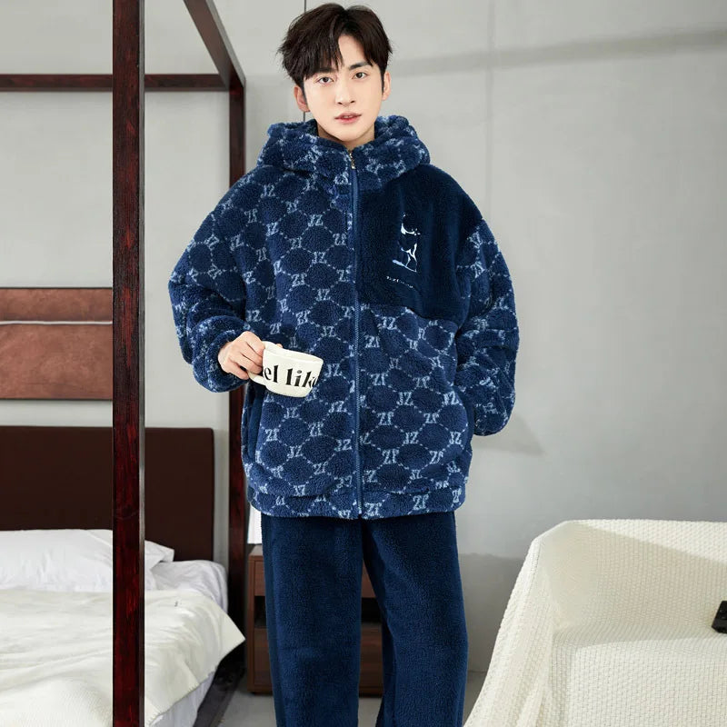 Men's Winter Pajamas Warm Sleepwear Home Suit Coral Fleece Autumn Plush Thicken Zipper Homewear Hooded Pajamas Sets Home Clothes