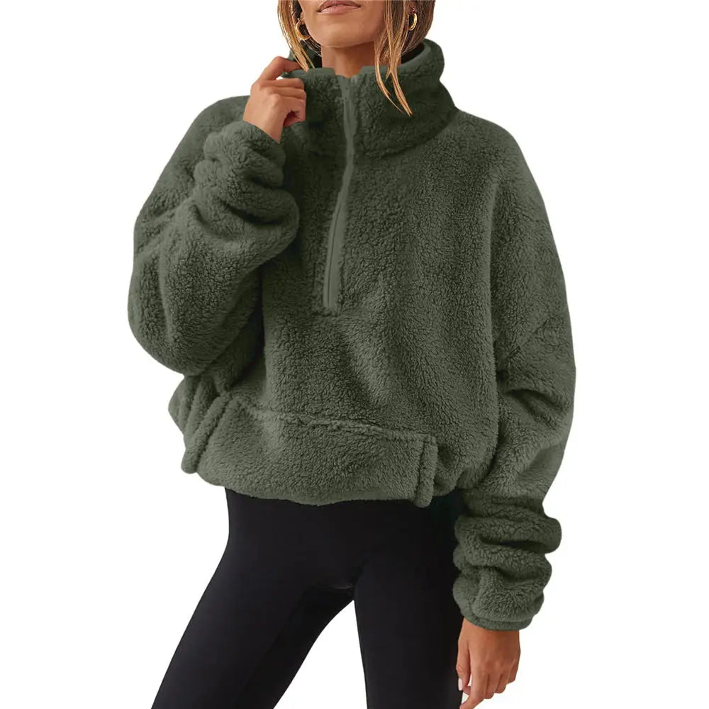 Women Sherpa Turtleneck Sweater Teddy Fleece Pullover 1/3 Zipper Fluffy Tops Winter Ladies Streetwear Jumper