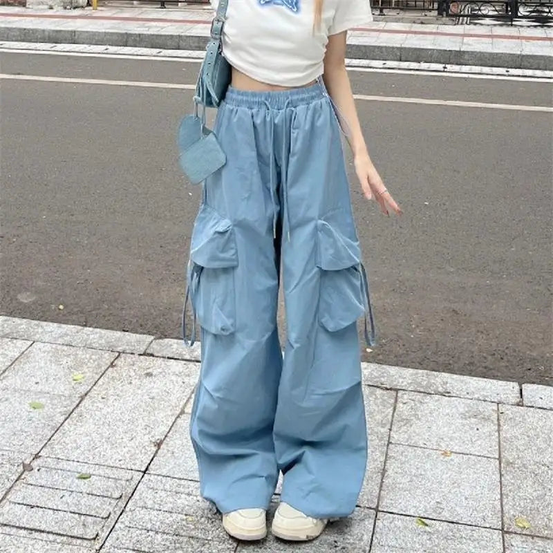 Women Wide Leg Pants Korean Style High Waist Straight-leg Pants Multi-pocket Ladies Fashion Floor-length Trousers Streetwear