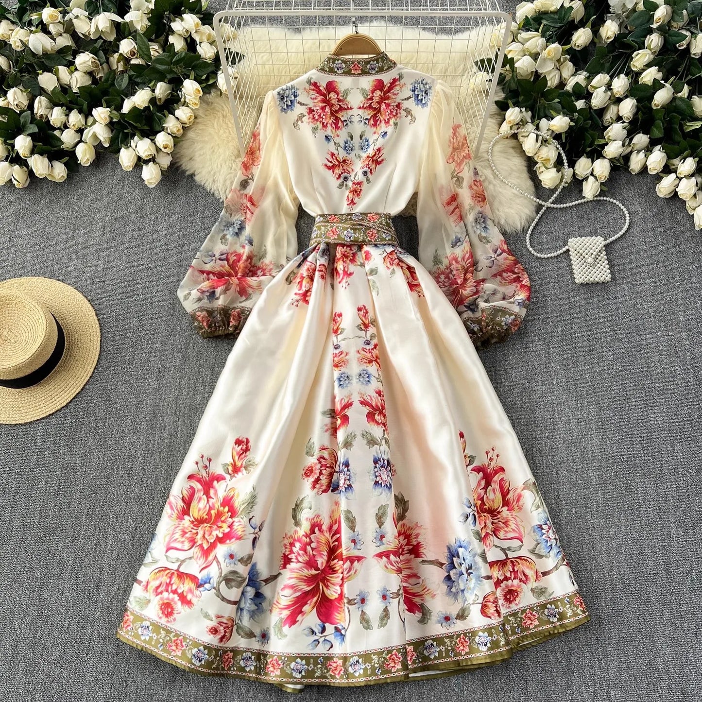 2024 New Autumn Flower Bandage Bow Wrap Holiday Midi Dress Vintage Women's V Neck Organza Lantern Sleeve Print Pocket Belt Robe