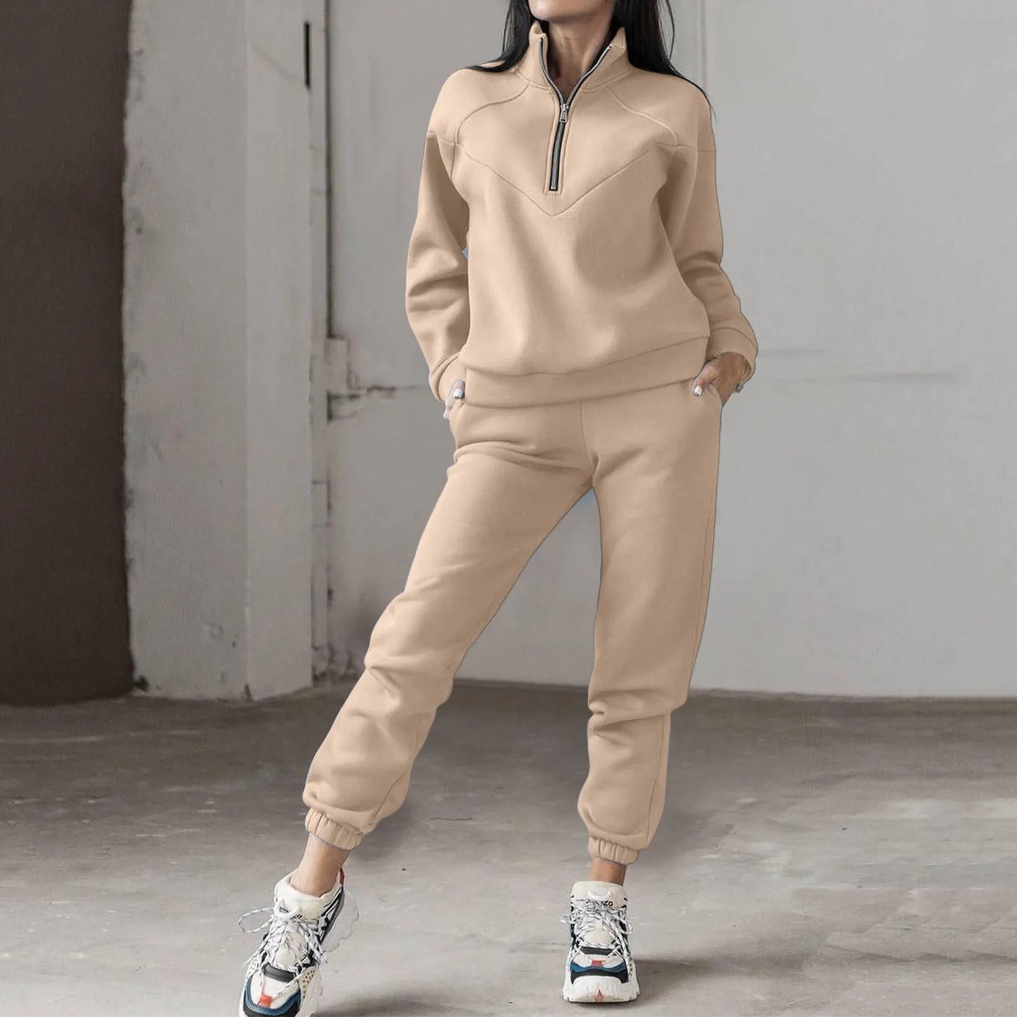 Autumn Winter Solid Color 2 Piece Sets Women Warm Tracksuit Zipper Top Pant Suits Sweatshirts Jogging Pant Outfits Sweatpants