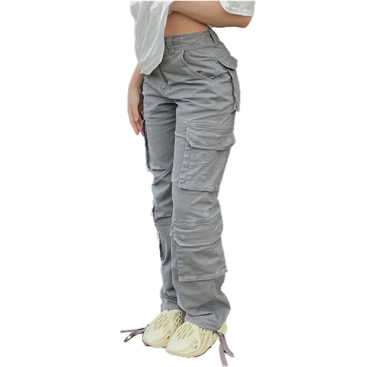 Women's Gray Cargo Pants, Baggy Jeans, Hip Hop Streetwear, More Pockets,, High Waist, Straight Y2k Denim Trousers,