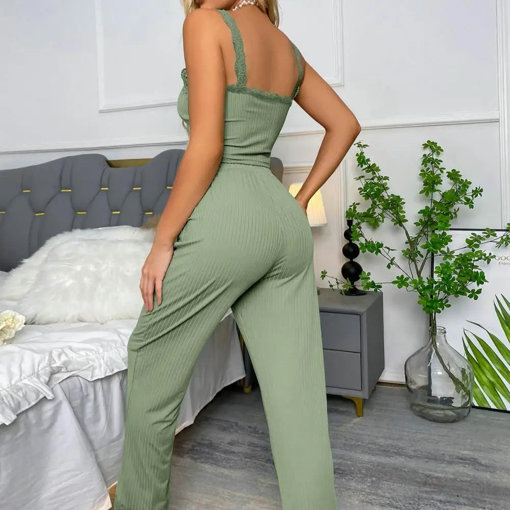 Women Casual Two-piece Set Home Loungewear  Women Summer Pajamas Low-cut Tube Top Drawstring Pants Suit Tank Top Trousers Set