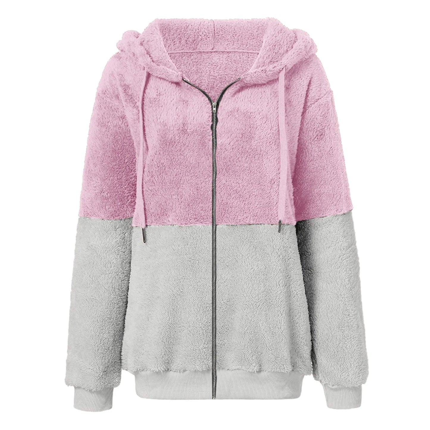 Women's Double Color Fleece Jacket Long Sleeved Hooded Plush Coat Winter Thick Warm Zipper Outcoat Fashion Streetwear