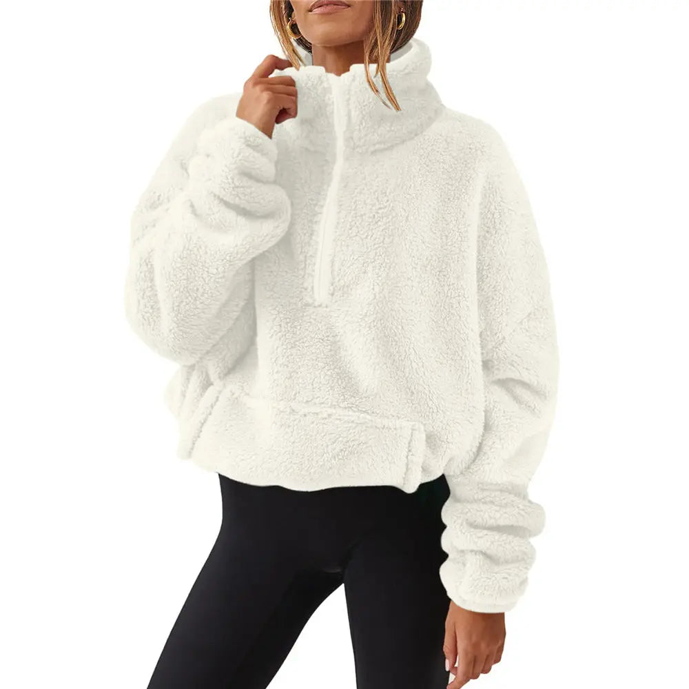 Women Sherpa Turtleneck Sweater Teddy Fleece Pullover 1/3 Zipper Fluffy Tops Winter Ladies Streetwear Jumper