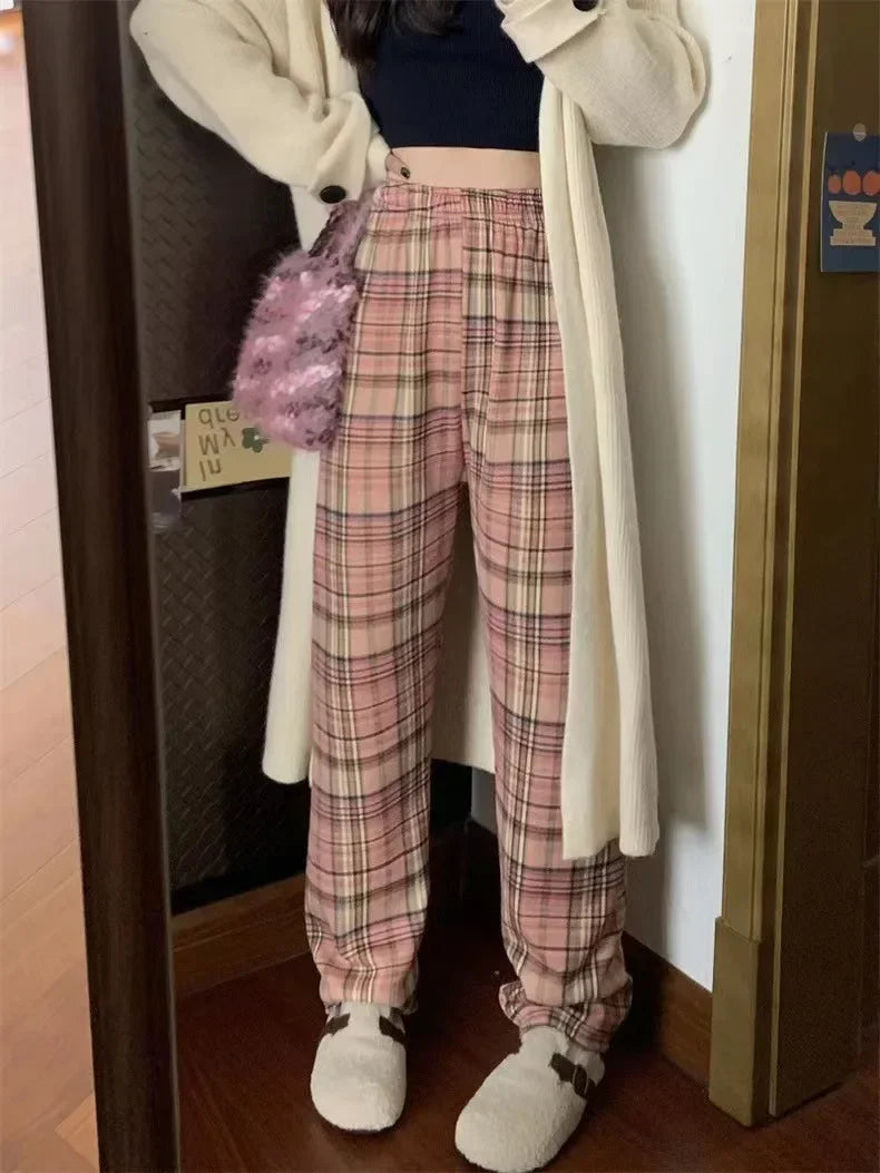 2025 Fashion Warm Plush Pants Cashmere Thick Plaid Ladies Winter Casual Loose Wide-legged Pants Korean Streetwear Students