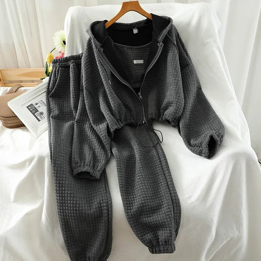 Casual Set Women Autumn Winter Thin Top Hat Open Shirt Sports Three-piece Set Women Clothing