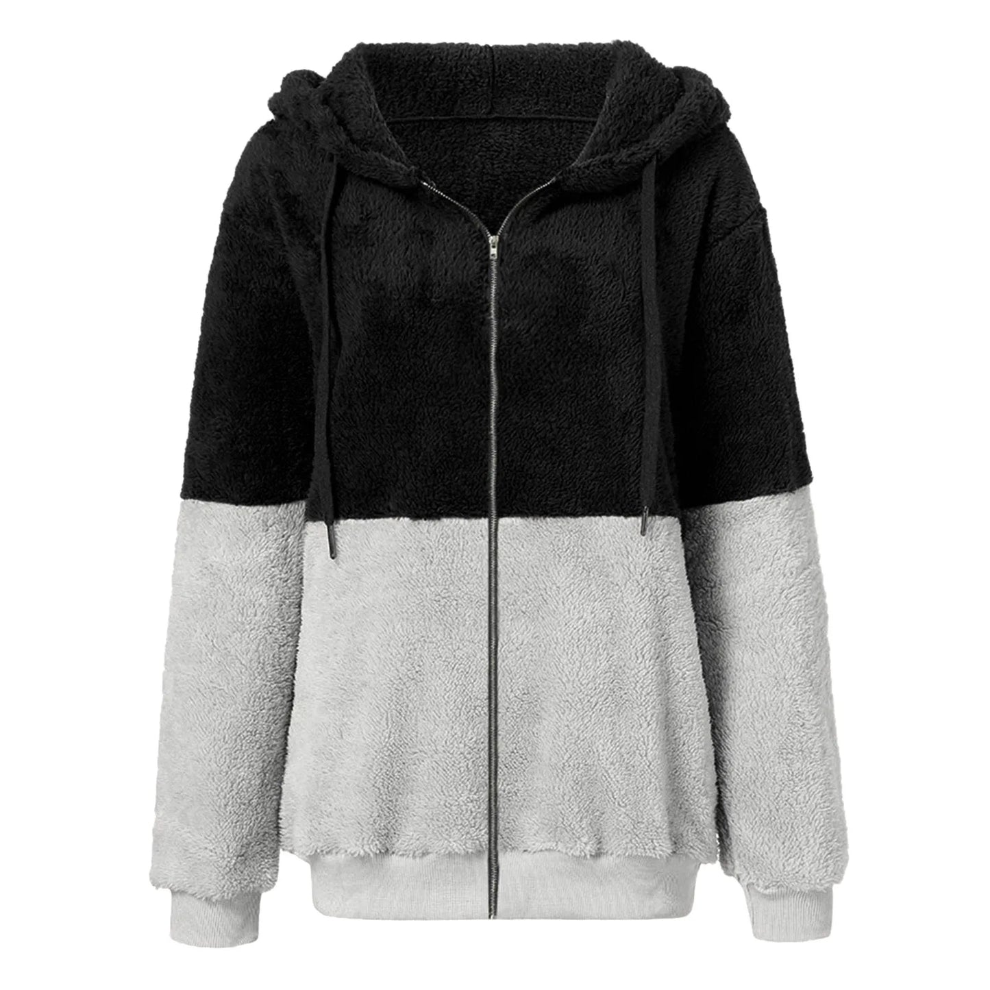 Women's Double Color Fleece Jacket Long Sleeved Hooded Plush Coat Winter Thick Warm Zipper Outcoat Fashion Streetwear