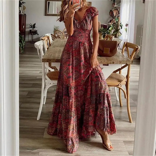 Women Vintage Long Dresses 2023 Summer Floral Print Bohemian Beach Sundress Female Casual V Neck Big Swing Maxi Dresses Vestidos