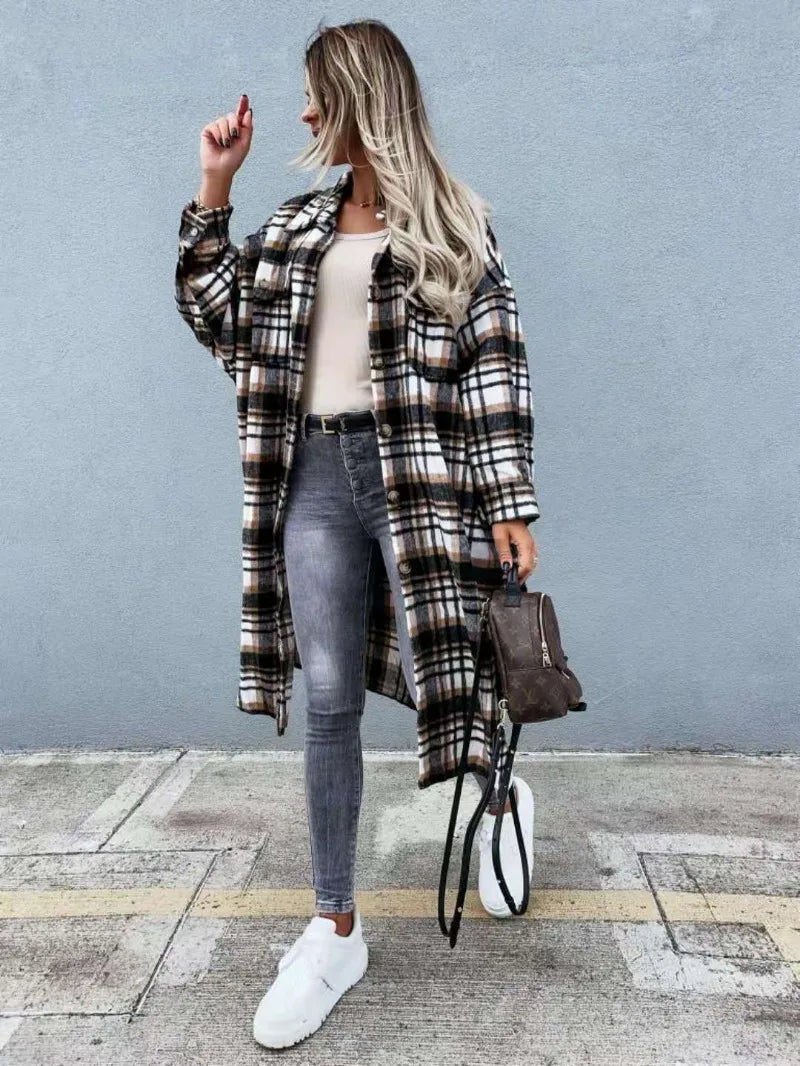 Long Plaid Shirt Coats Women Autumn Oversized Checkered Shirt Female Fashion Vintage Loose Single Breasted Long Cardigans Lady