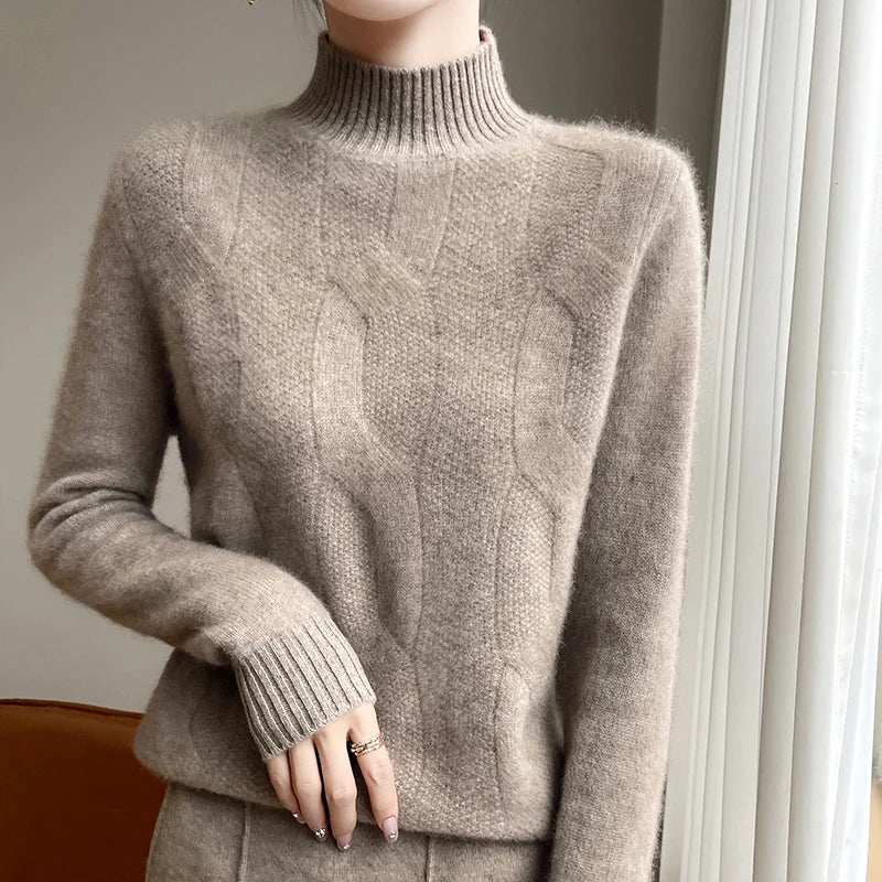 100% Merino Wool Half Turtleneck Pullover Women's Autumn and Winter Thick Twist Flower Sweater Korean Fashion Women's Wear