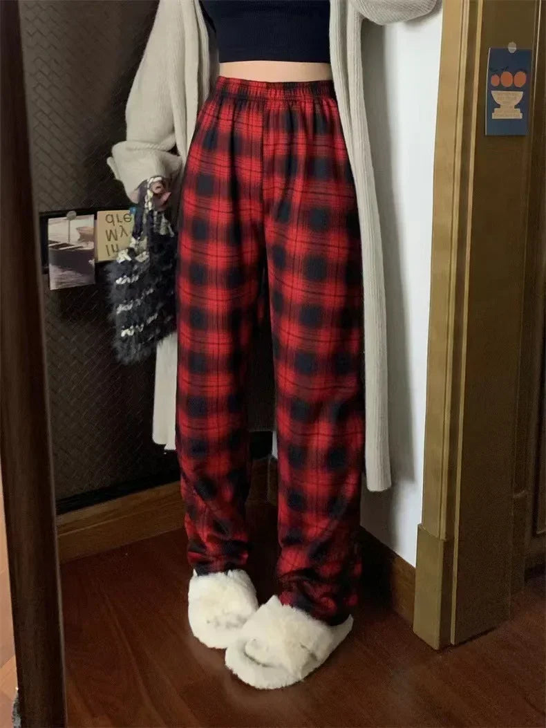 2025 Fashion Warm Plush Pants Cashmere Thick Plaid Ladies Winter Casual Loose Wide-legged Pants Korean Streetwear Students