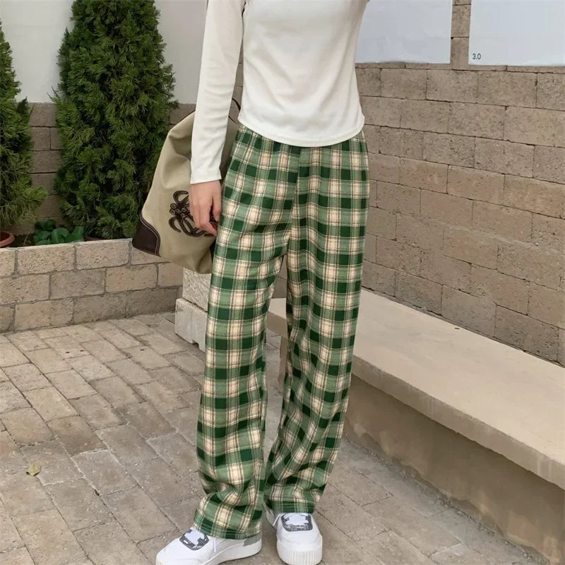 2025 Fashion Warm Plush Pants Cashmere Thick Plaid Ladies Winter Casual Loose Wide-legged Pants Korean Streetwear Students