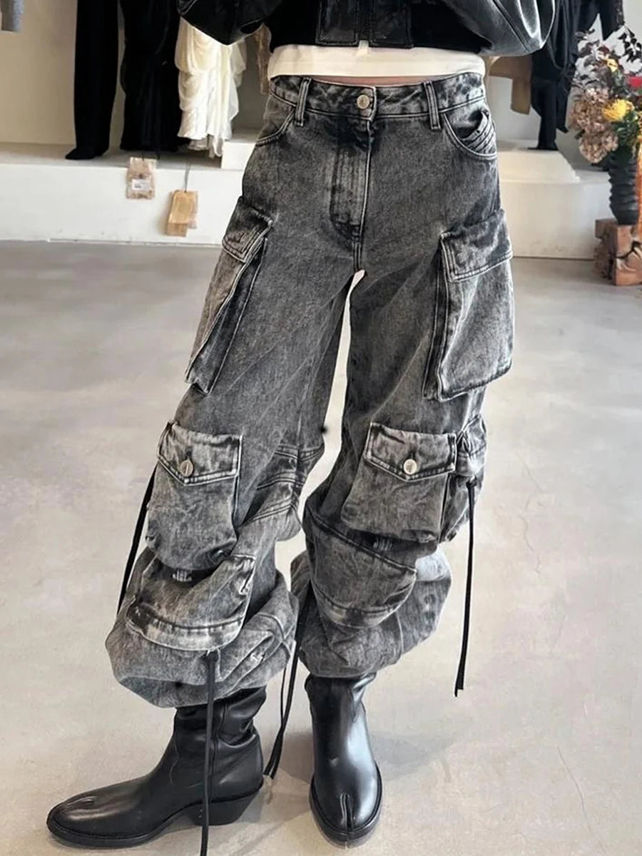 Women Baggy Cargo Jeans Trendy Low Waist Zipper Button Closure Loose Casual Trousers Streetwear with Pockets Cowboy Long Pants