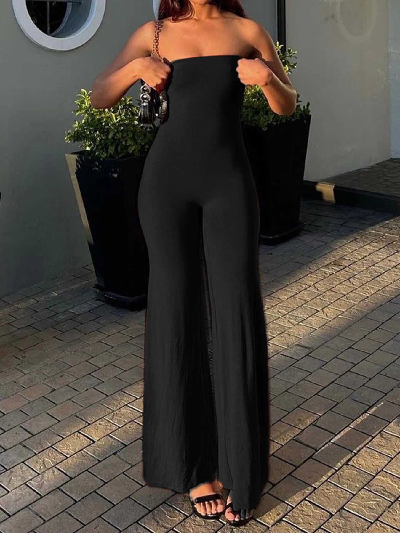 Sweetown Black Solid Strapless Elegant Long Jumpsuits For Women Slim Wide Leg Flared Rompers Simple Fashion Vacation Overalls