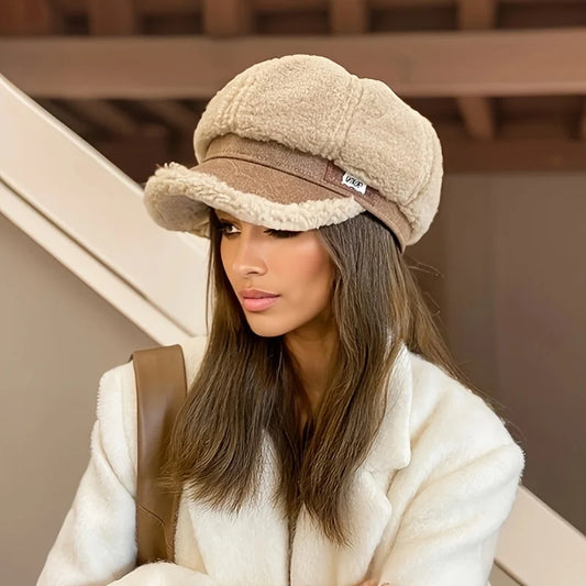 New Lamb Hair Octagonal Hat for Women's Korean Fashion Duck Tongue Hat with Plush Bud Hat, Fashionable British Retro Artist Hat