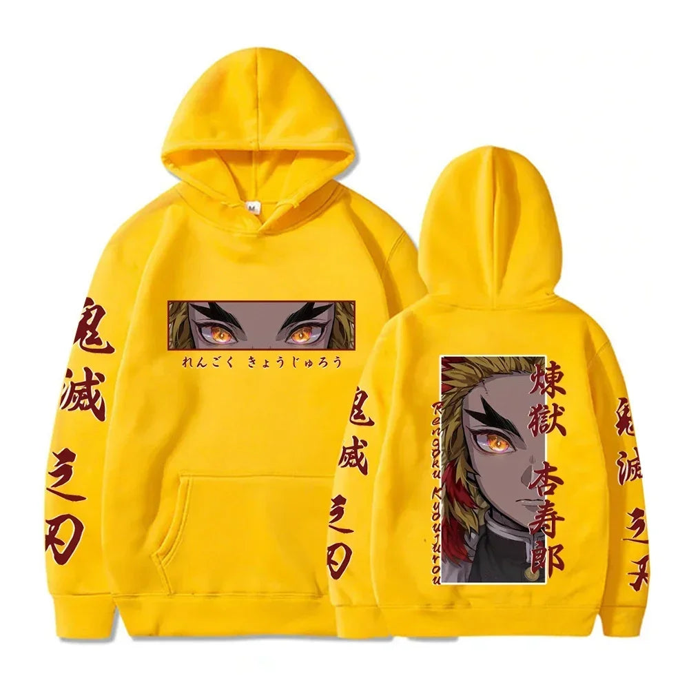 Hot Anime  Demon Slayer Hooded Rengoku Kyoujurou Eyes Graphic Print Autumn Winter Men Women Casual Sweatshirt Plus Size Hoodie