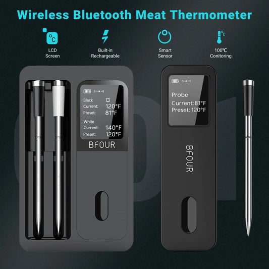 Wireless Bluetooth Meat Thermometer IP67 Waterproof Probes with LCD Screen Booster Rechargeable for Grilling Smoker BBQ Oven