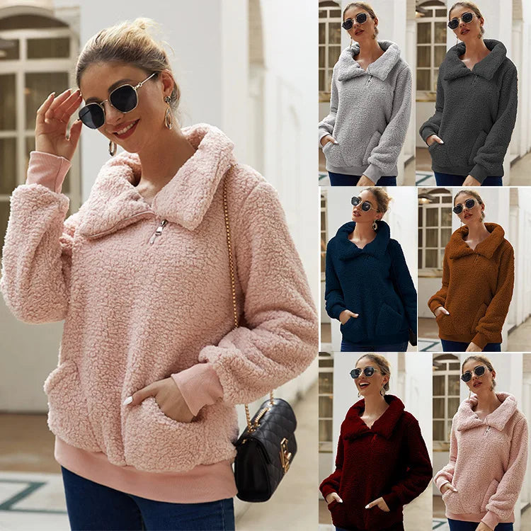 Autumn and winter lamb wool asymmetrical collar pullover solid color thick hoodie sweater top for women