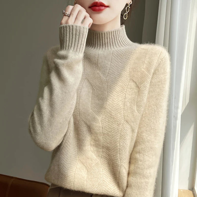 100% Merino Wool Half Turtleneck Pullover Women's Autumn and Winter Thick Twist Flower Sweater Korean Fashion Women's Wear