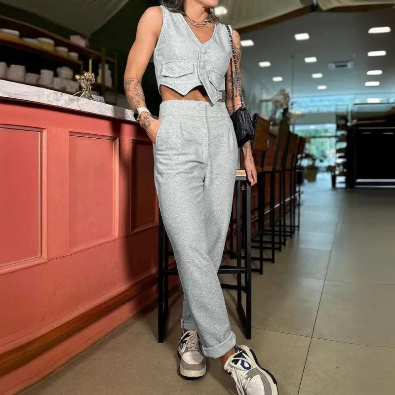 2024 Women Elegant Solid Color Short Navel Shirt High Waist Trousers Two-piece Suit