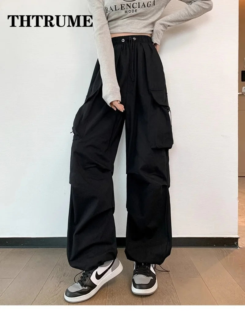 Women Fashion Baggy Cargo Pants Summer Oversized Vintage Y2K Hip Hop Elastic High Waist Pant Casual Office Lady Loose Trousers