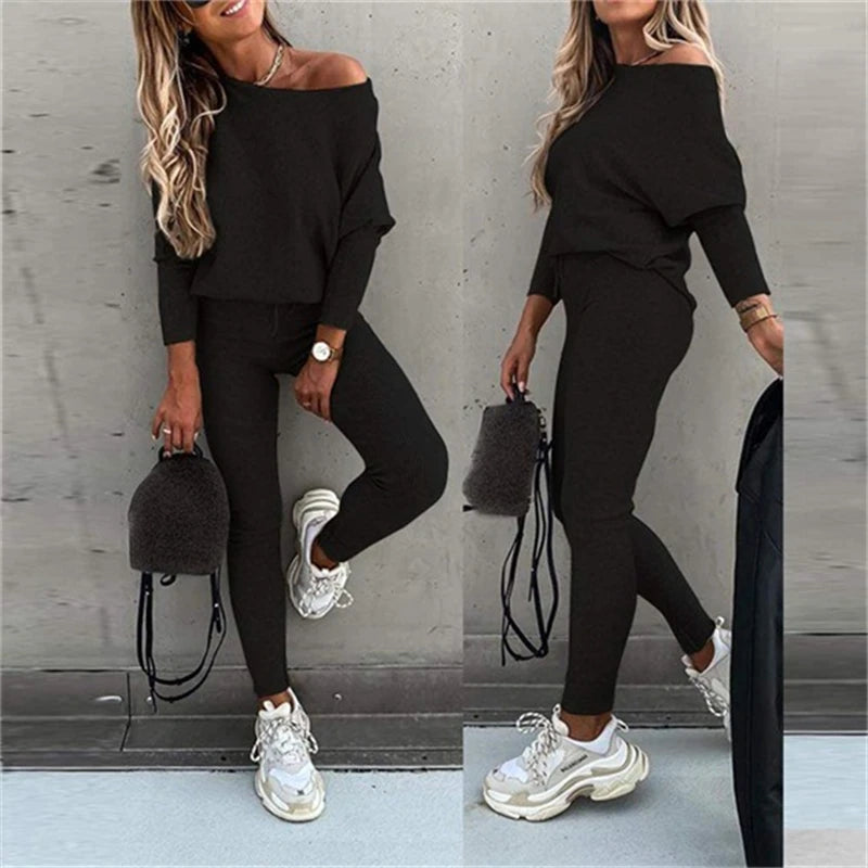 Casual Long-sleeved Oblique Shoulder Blouse Lace-up Slim Trousers Fashion Suit 1-line Collar Pleated Top Pants 2-piece Set Women