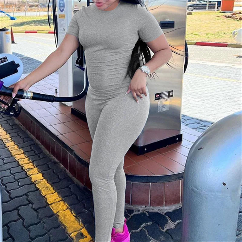 AVV Summer Women Jumpsuits Short Sleeve Round Collar Activity Wear Zip Up Gray Casual One Piece Overall Workout Sporty Romper