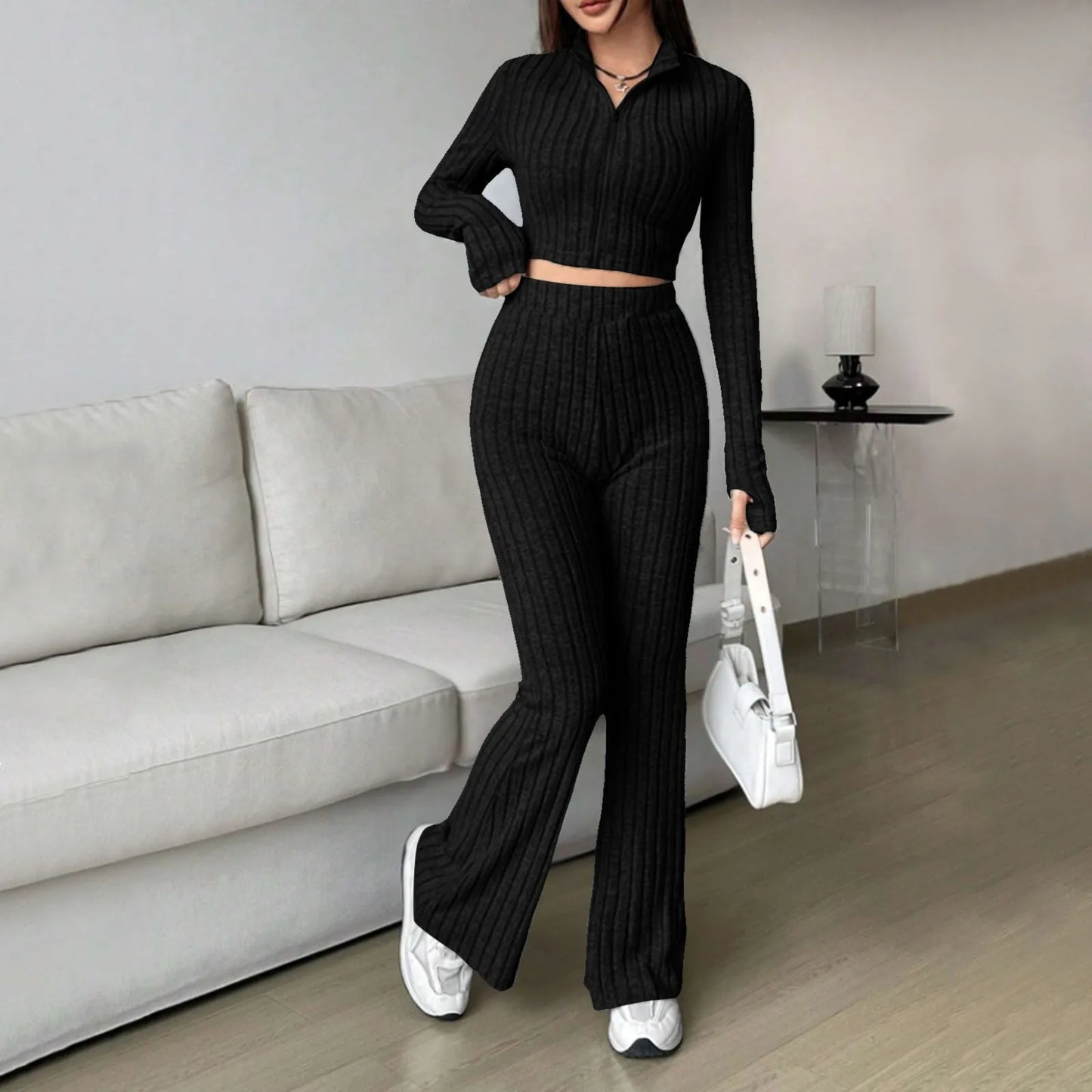 2024 Spring Knitted 2 Piece Sets Women Tracksuit Long Sleeve Vintage Sweater Crop Top Flare Pants Stretch Matching Suit Outfit