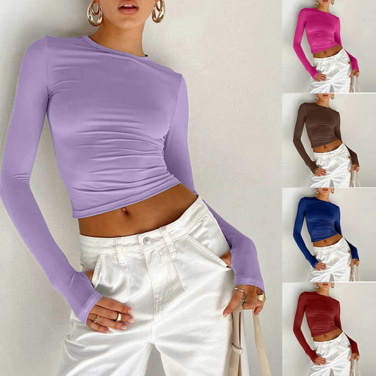 Tight Tops Womens Elastic Bodysuit Slimming Blouse Solid Color Round Neck Long Sleeve Cropped T Shirt Hot Girl Yoga Sport Blusas