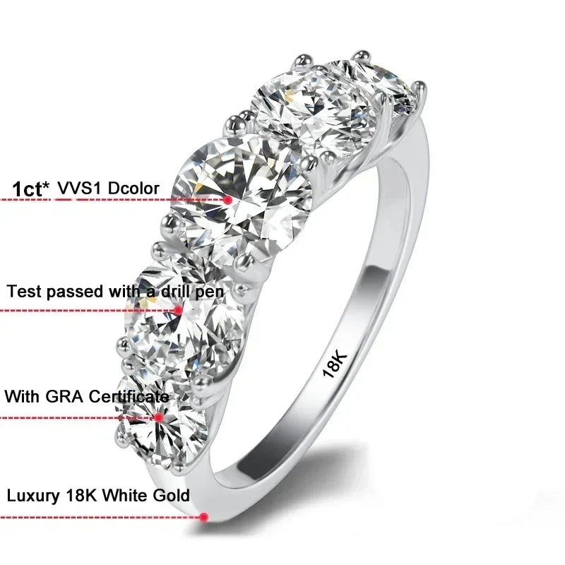 5 Roses 18K White Gold  Moissanite Dimond Ring- 5pcs - 5 Carat- Color: VVS1 D