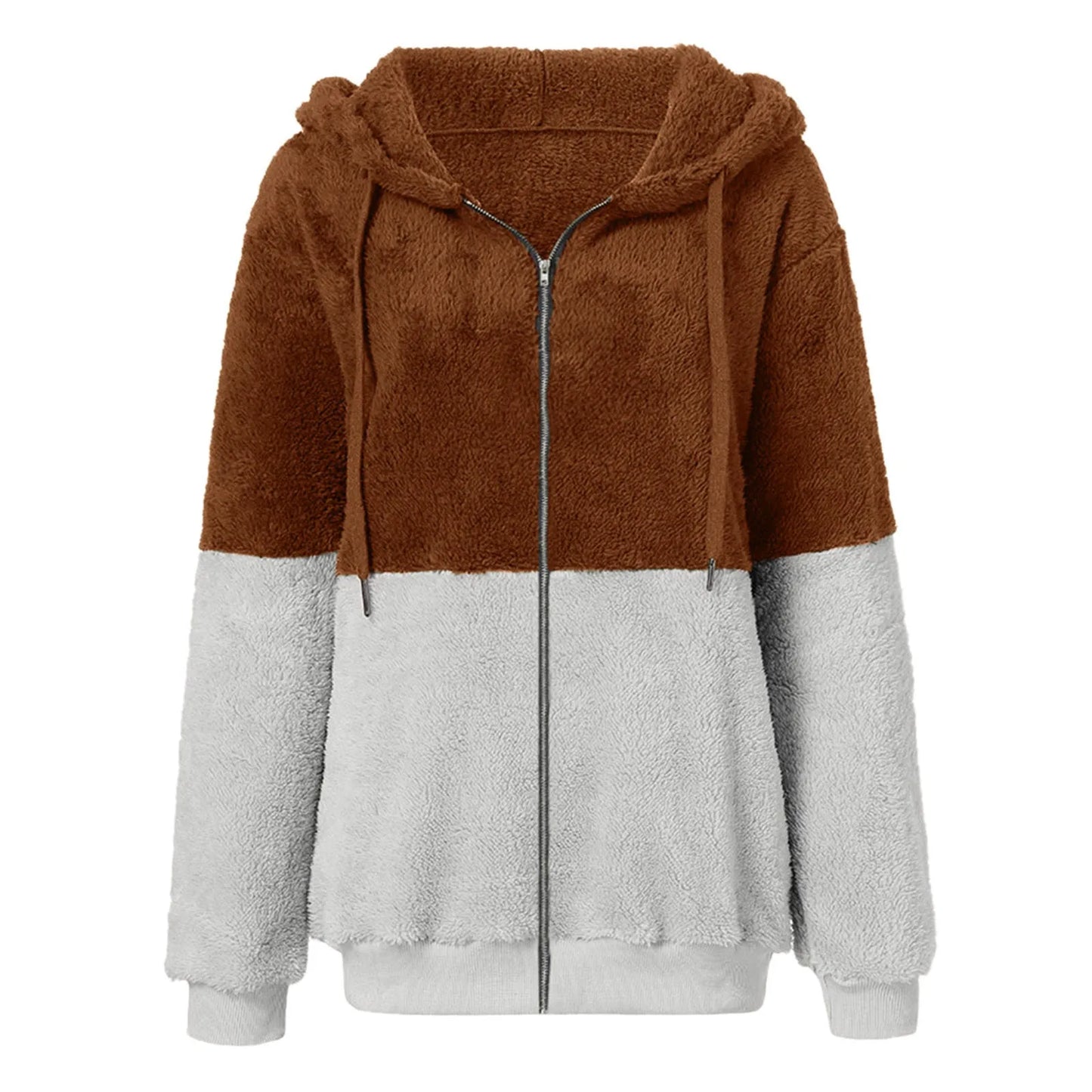 Women's Double Color Fleece Jacket Long Sleeved Hooded Plush Coat Winter Thick Warm Zipper Outcoat Fashion Streetwear