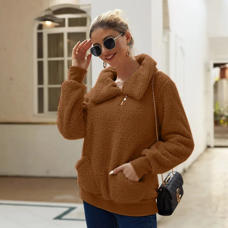 Autumn and winter lamb wool asymmetrical collar pullover solid color thick hoodie sweater top for women