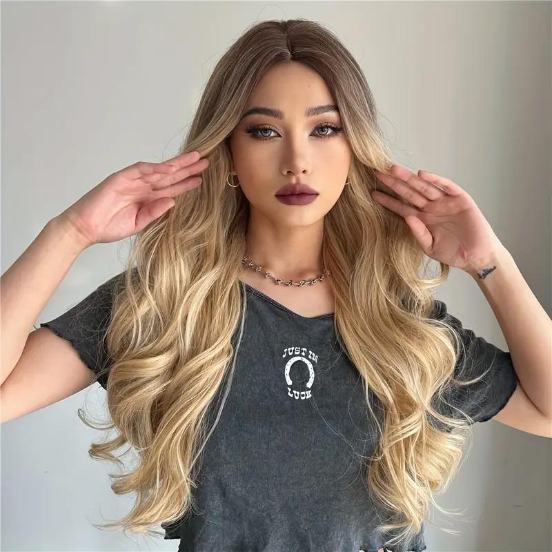 26 Inch Long Ash Blonde Wig With Bangs Natural Wavy Hair - Perfect For Daily Wear And Middle Part Style