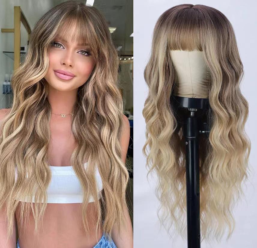 26 Inch Long Ash Blonde Wig With Bangs Natural Wavy Hair - Perfect For Daily Wear And Middle Part Style