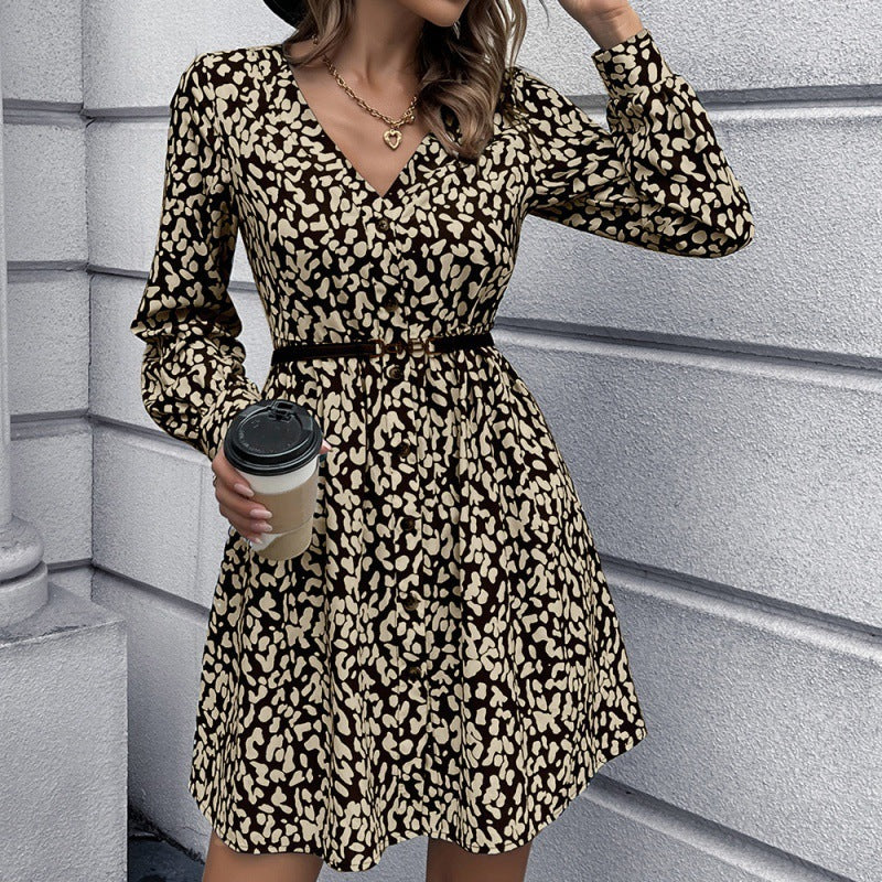 Leopard Print Deep V-Neck Button-Down Slim Mid-Length Dress